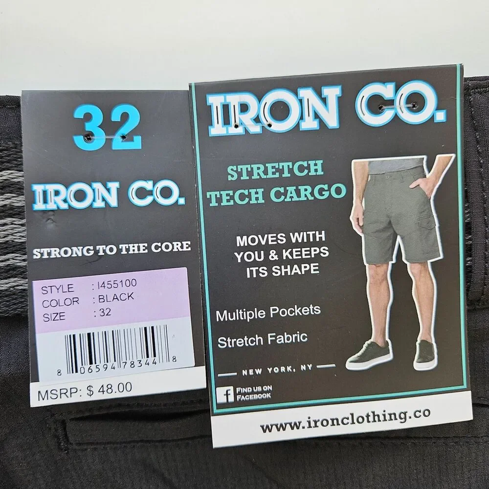 Iron Co NWT Men's Stretch Tech Belted Cargo Shorts Black 32